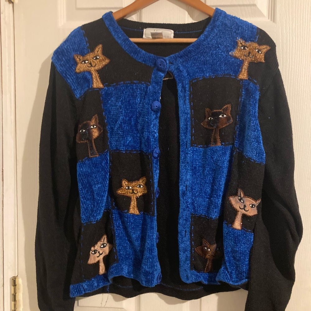 LISA INTERNATIONAL Vintage Siamese Cat Cardigan Sweater Patchwork Blue & Black